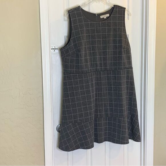 LOFT Plus Windowpane Plaid Shift Dress Ruffled Stretch Sleeveless Size 22 - Picture 5 of 11